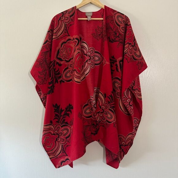 Chico's Womens Open-Front Ruana Red Black Paisley Jacquard Wrap Shawl Poncho OS - Picture 1 of 5